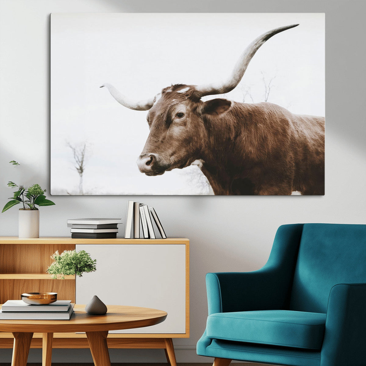 Rustic Bull Wall Art Canvas Print, Modern Longhorn Farmhouse Animal Decor