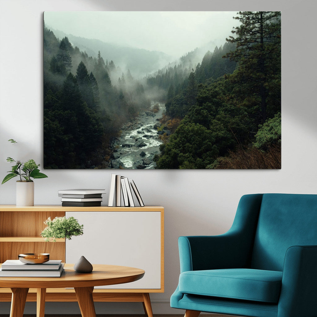 Misty Forest Wall Art, Tranquil Nature Landscape, Ready to Hang | Extra Large 3 Piece Canvas Wall Art