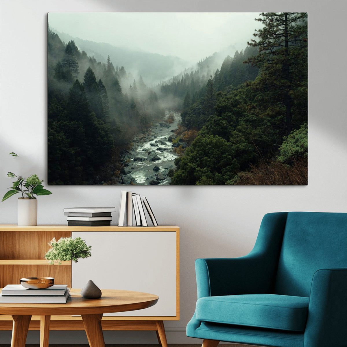 Misty Forest Wall Art, Tranquil Nature Landscape, Ready to Hang | Extra Large 3 Piece Canvas Wall Art