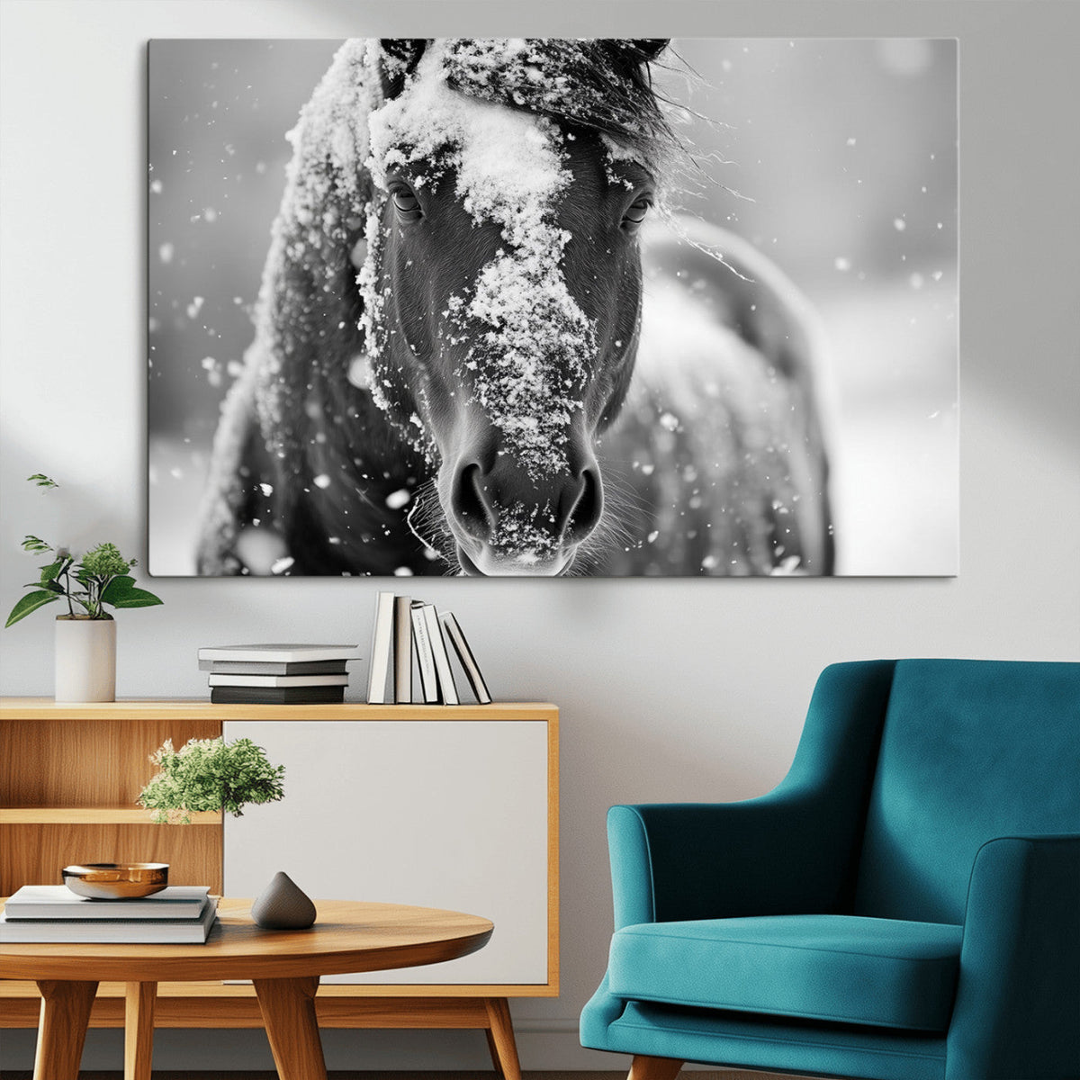 Black and White Horse Winter Wall Art, Ready to Hang