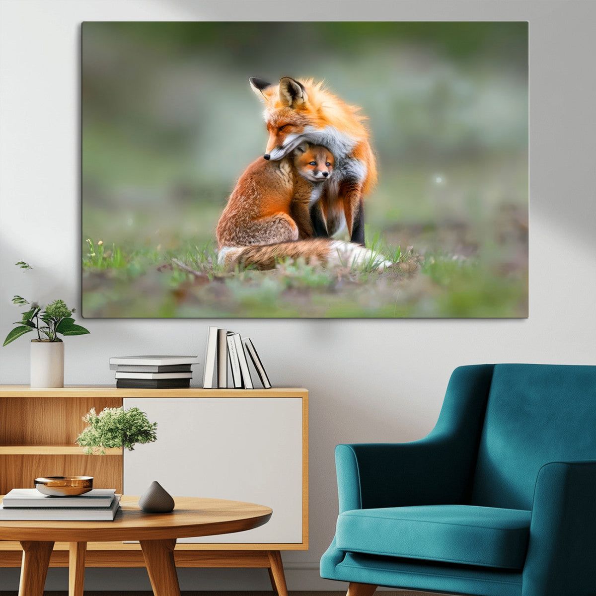 Heartwarming Fox and Baby Cub Wall Art | Canvas Print of Foxes in Nature