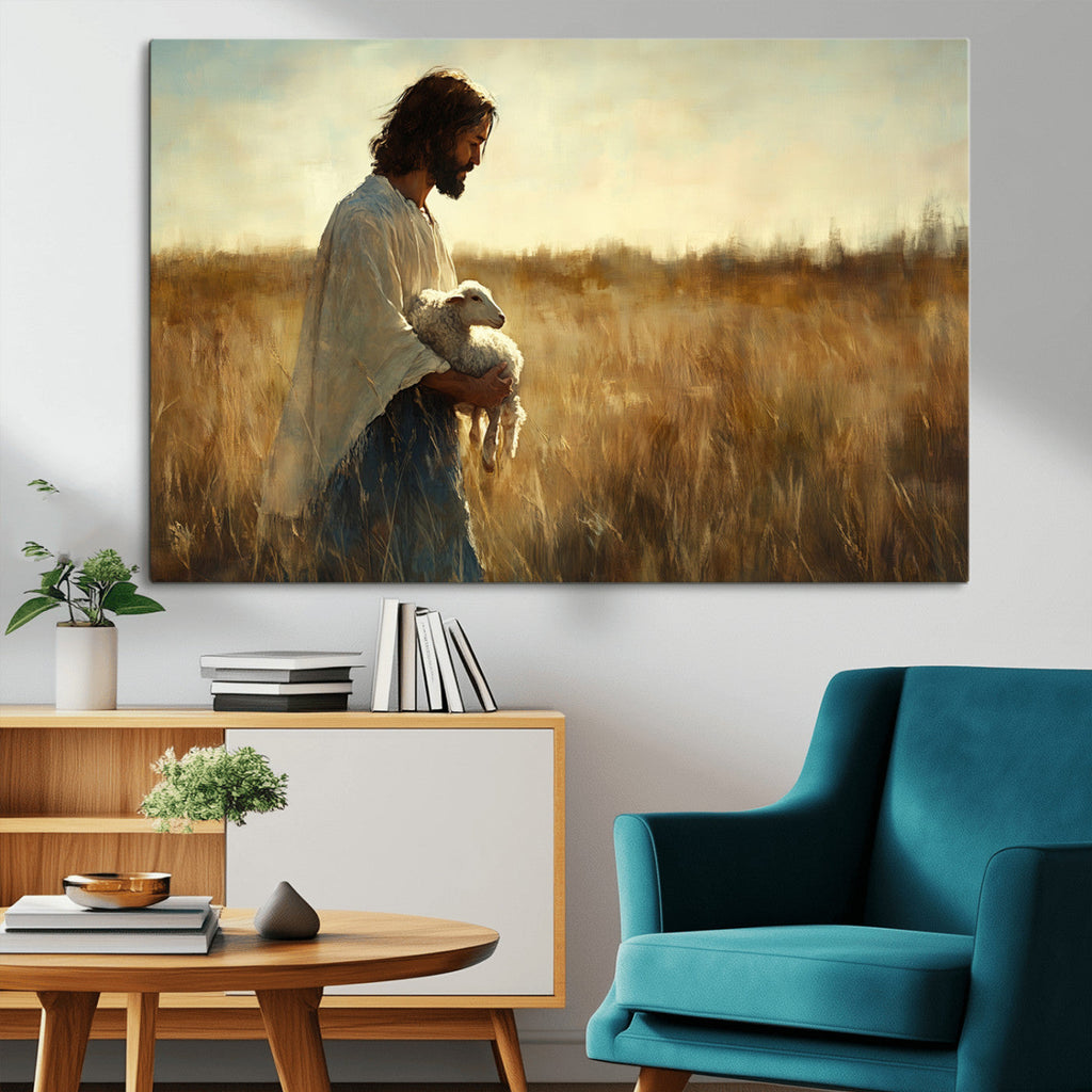 Jesus the Good Shepherd Wall Art Canvas Print, Inspirational Christian Religious Print for Prayer Room