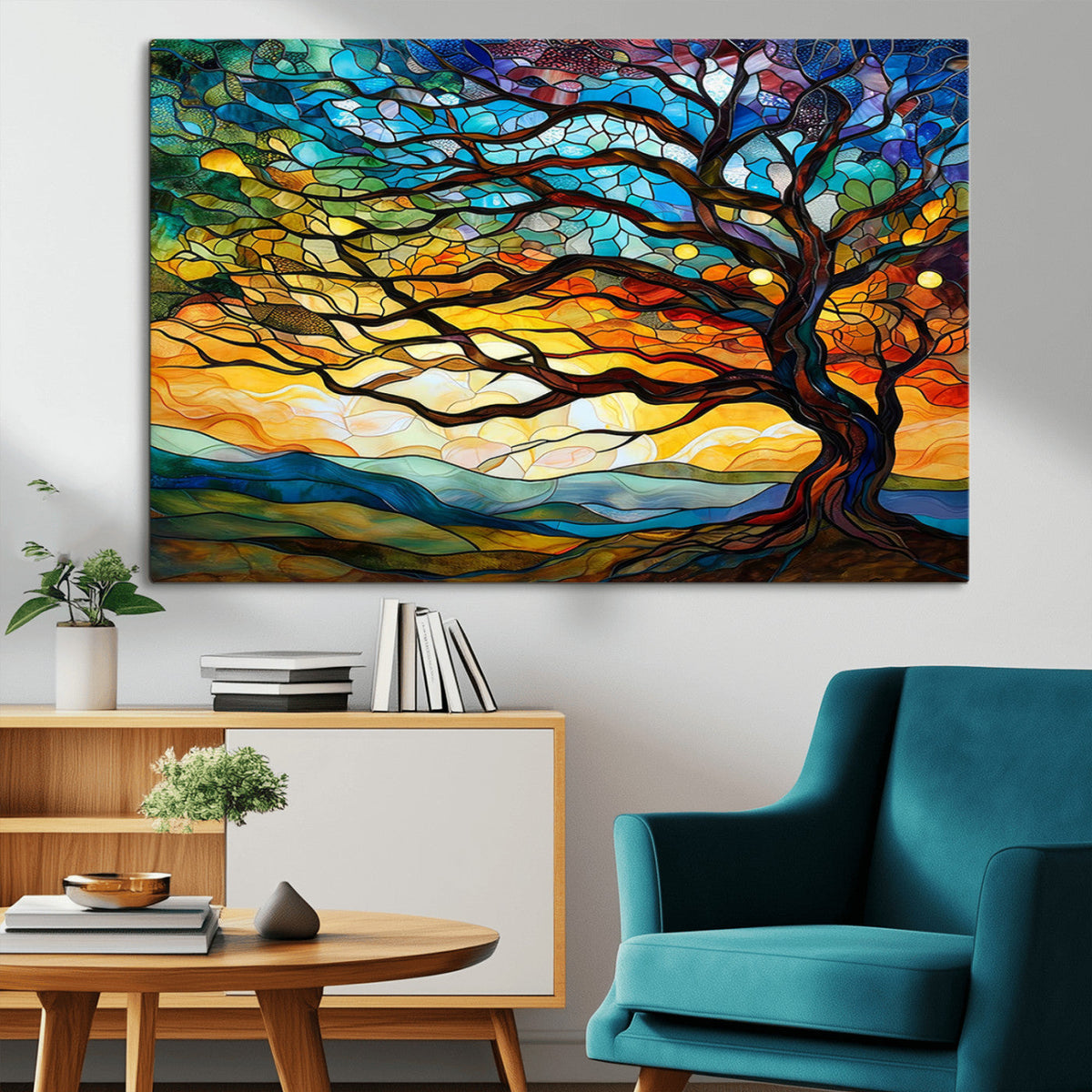 Vibrant Mosaic Tree of Life Wall Art, Stained Glass Style Canvas Print