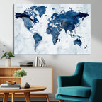 Modern Blue World Map Canvas Print | Elegant Travel Map Wall Art for Home Office