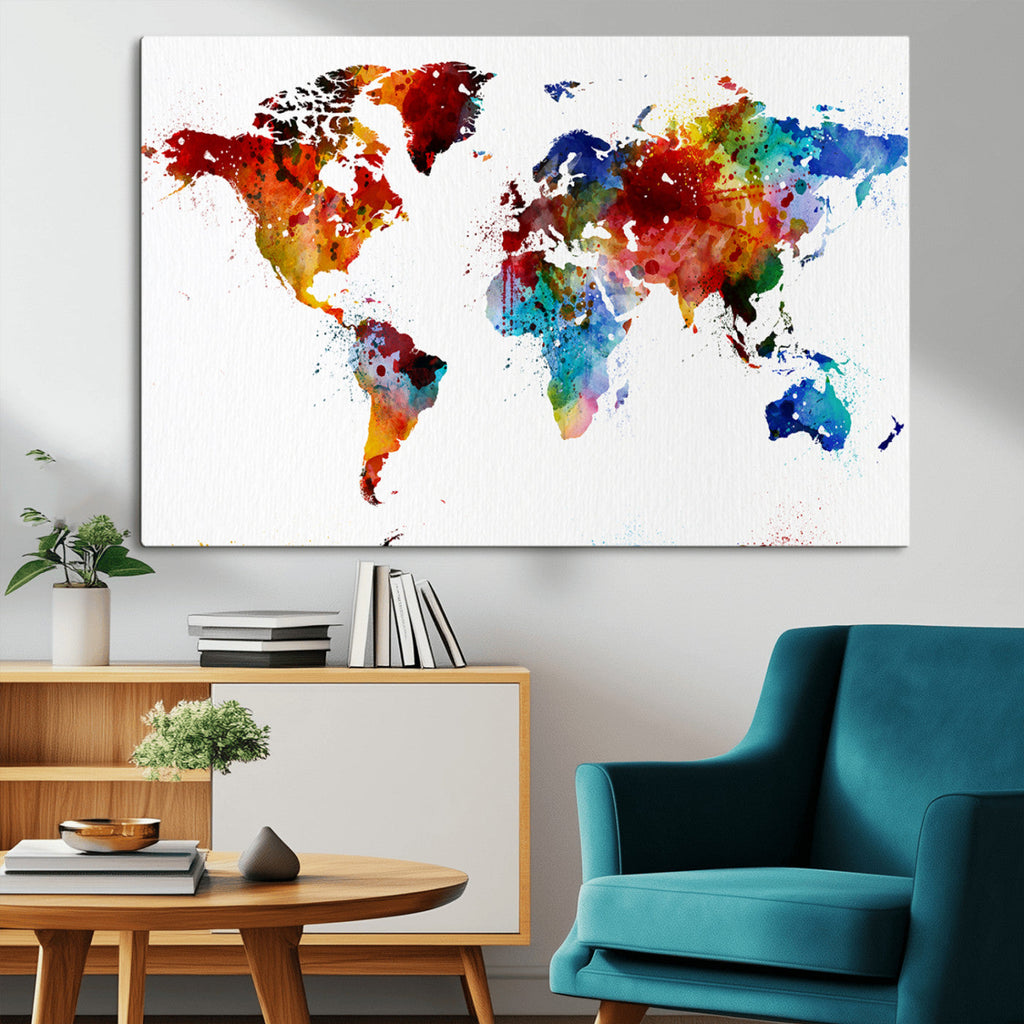 Colorful World Map Canvas Wall Art Print, Contemporary Global Map Artwork