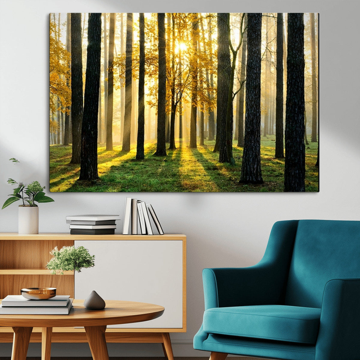 Sunlit Forest Wall Art Canvas Print, Large Framed Woodland Scene with Golden Light