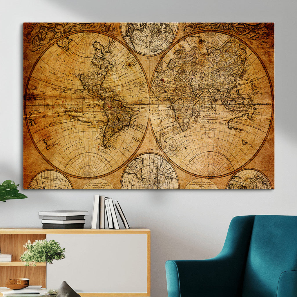 Vintage World Map Canvas Print | Antique Push Pin Travel Map