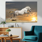 Large Wall Art Canvas Print, White Jumping Horse at Sunset