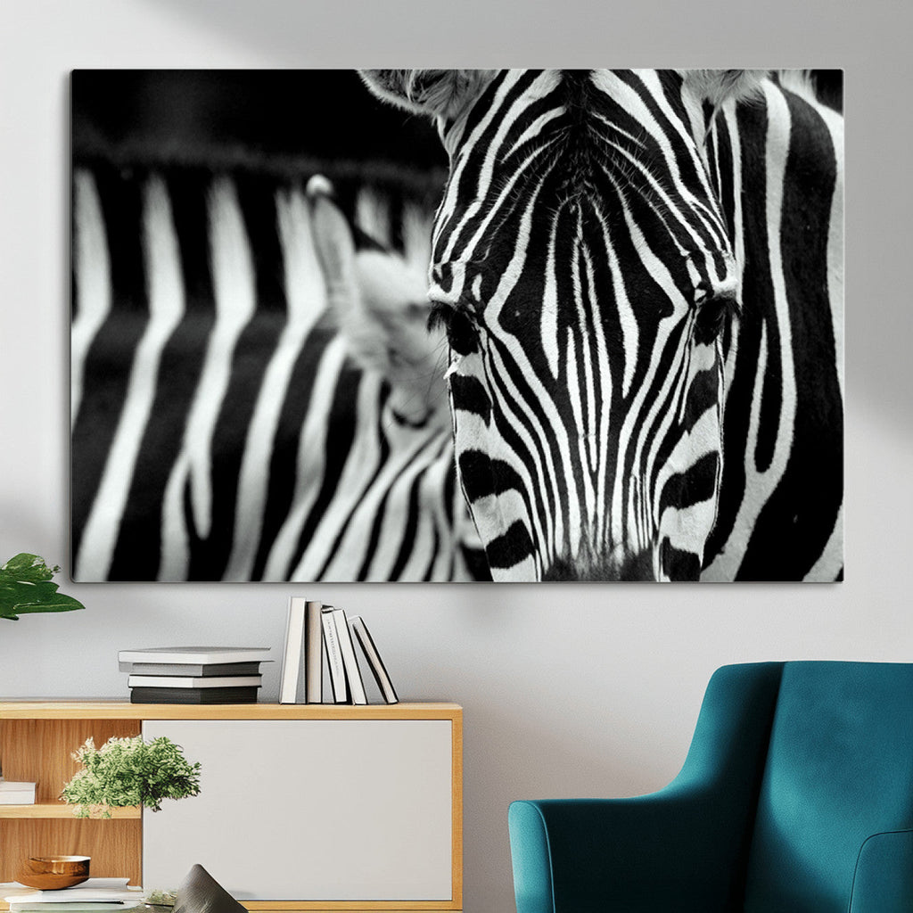 Zebra Wall Art | Zebra Close Up Canvas Print | Framed Black and White Wildlife
