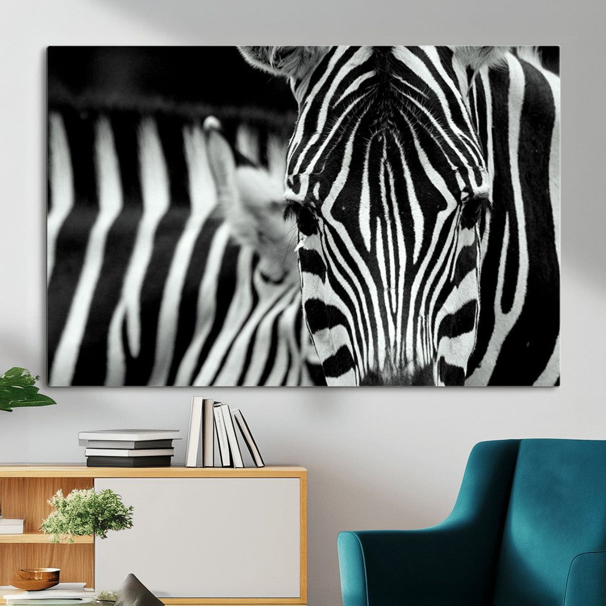 Zebra Wall Art | Zebra Close Up Canvas Print | Framed Black and White Wildlife