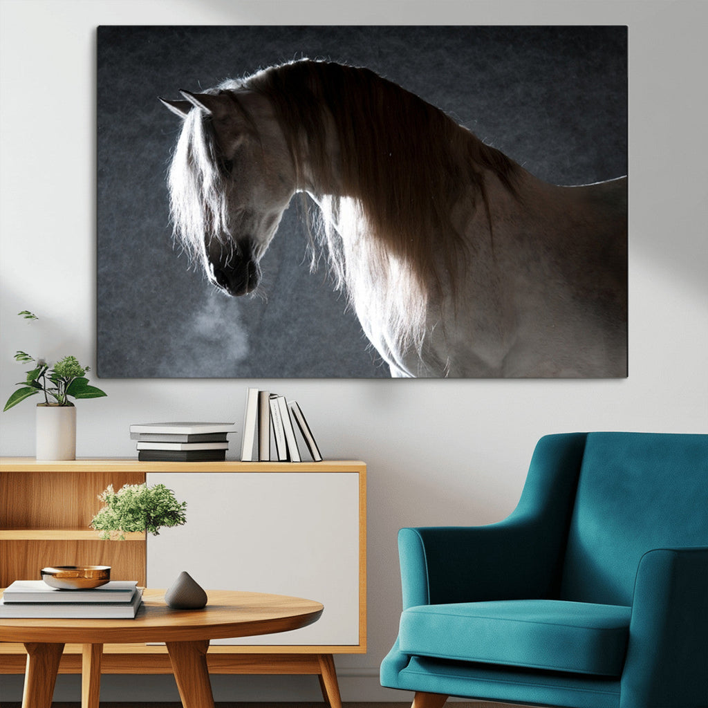 Large Wall Art Cream Colored Horse on Grey Background Canvas