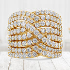 10K Yellow Gold 3.0 Cttw Diamond Eight-Row Bypass Crossover Statement Band Ring (H-I Color, I2-I3 Clarity) - Size 7