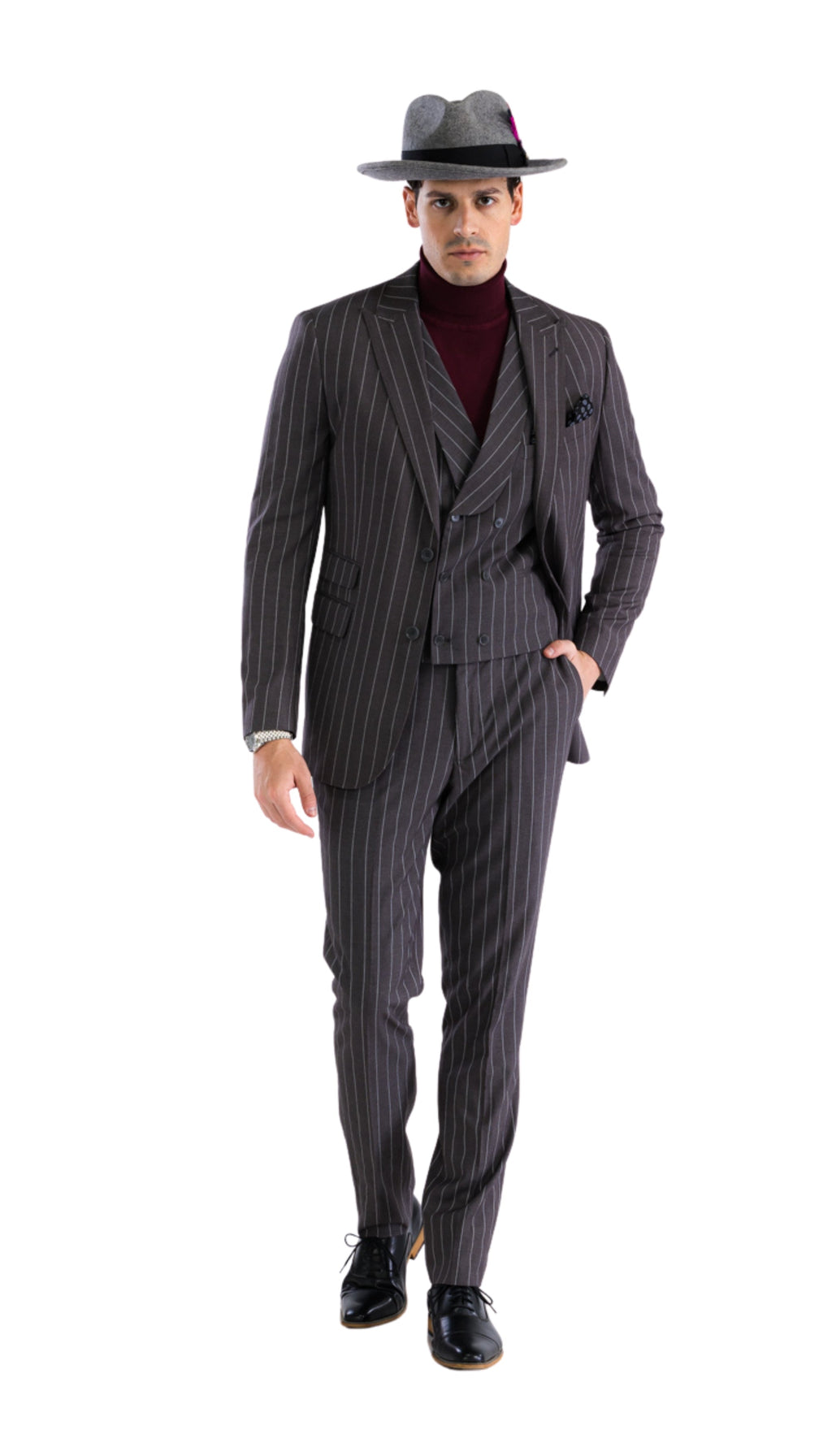 Bellagio Grey White Mens 2 Button Slim Peak Lapel Suit With Pick Stitching Ticket Pocket Double Breasted Vest With Shawl Lapel