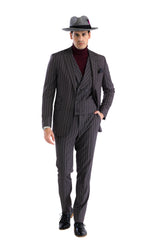 Bellagio Grey White Mens 2 Button Slim Peak Lapel Suit With Pick Stitching Ticket Pocket Double Breasted Vest With Shawl Lapel