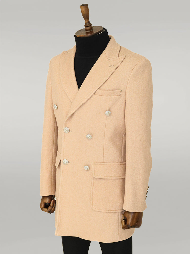 Metal Buttons Wool Cashmere Cream Men Double Breasted Coat - Wessi