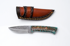 Hand-Forged Damascus Steel Skinner Knife — Stabilized Pine Cone & Teal Resin Handle with Mosaic Pin TK-445