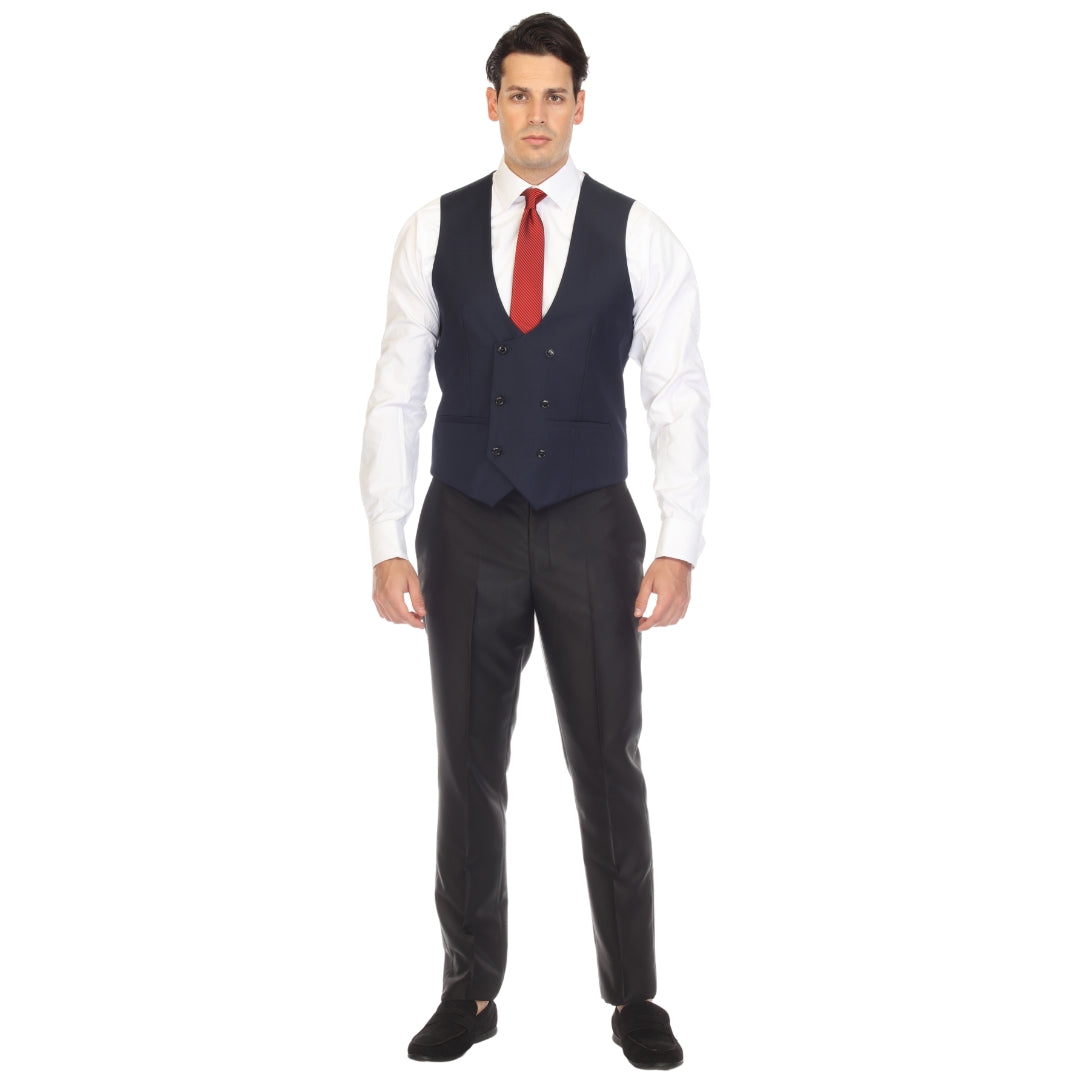 Men's Navy Double Breasted Vest Set - Cruz Adjustable Wedding Waistcoat with Bow Tie, Necktie & Pocket Square, Sizes 36-54 | Ferrecci