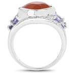 4.67 Carat Genuine Peach Moonstone and Tanzanite .925 Sterling Silver Ring