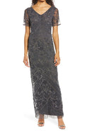 Pisarro Nights Beaded Mesh Gown - Grey
