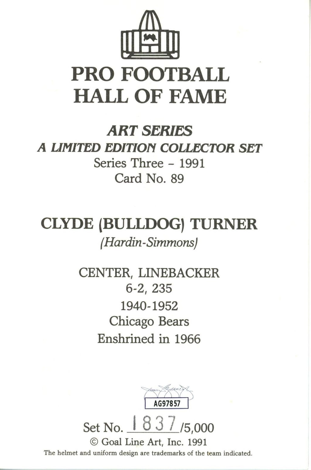 Clyde "Bulldog" Turner HOF Autographed Goal Line Art GLAC Postcard Bears JSA