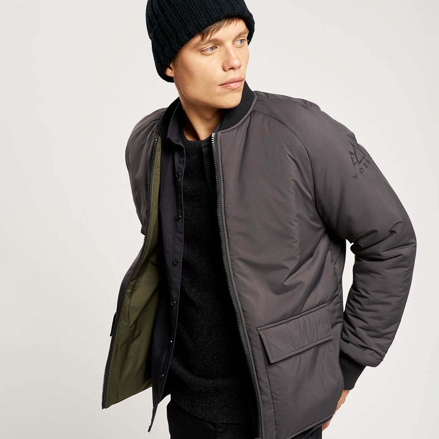 Kellan Reversible Bomber // Charcoal + Khaki