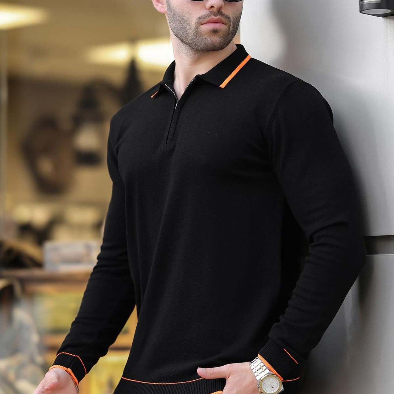 Quarter-Zip Tipped Polo Sweater // Black + Orange