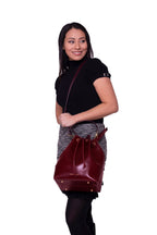 Madison Drawstring Leather Bucket Bag in Maroon Burgundy