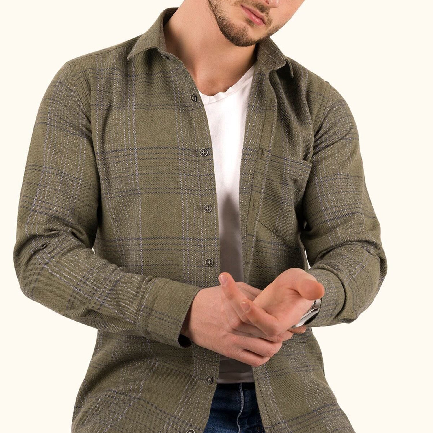 Plaid Flannel Button-Up Shirt // Khaki