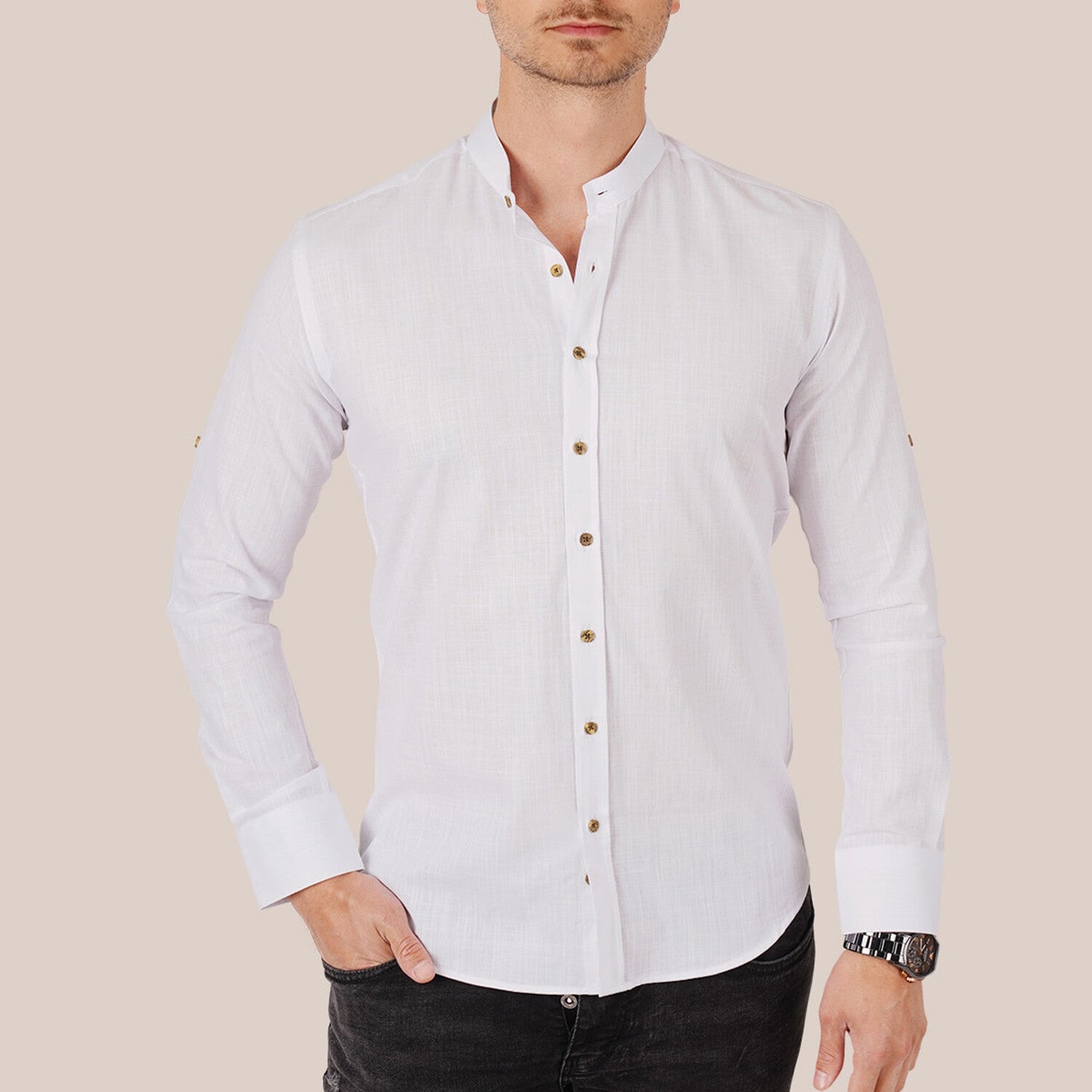 Banded Collar 3 Button Shirt // White