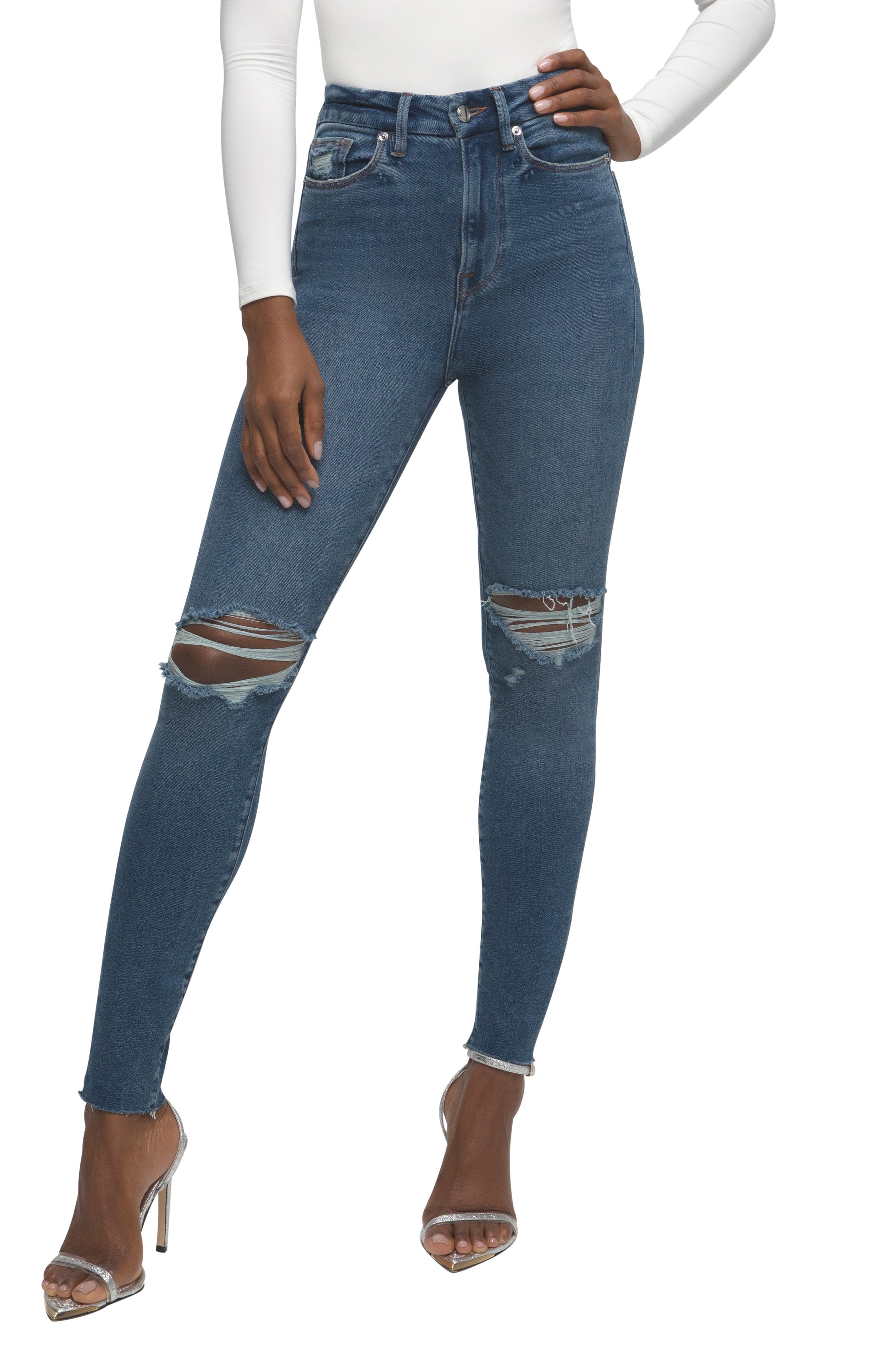 Good American Good Waist Crop Raw Edge Skinny Jeans in Blue533 , Size 0