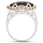 Two Tone Plated 9.58 Carat Genuine Smoky Quartz & Citrine .925 Sterling Silver Ring