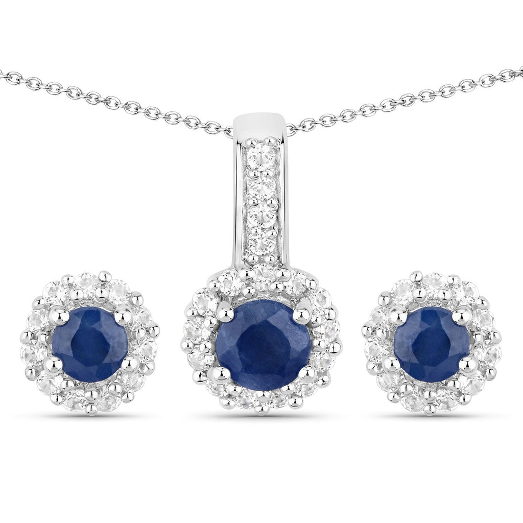 2.17 Carat Genuine Blue Sapphire and White Topaz .925 Sterling Silver Jewelry Set