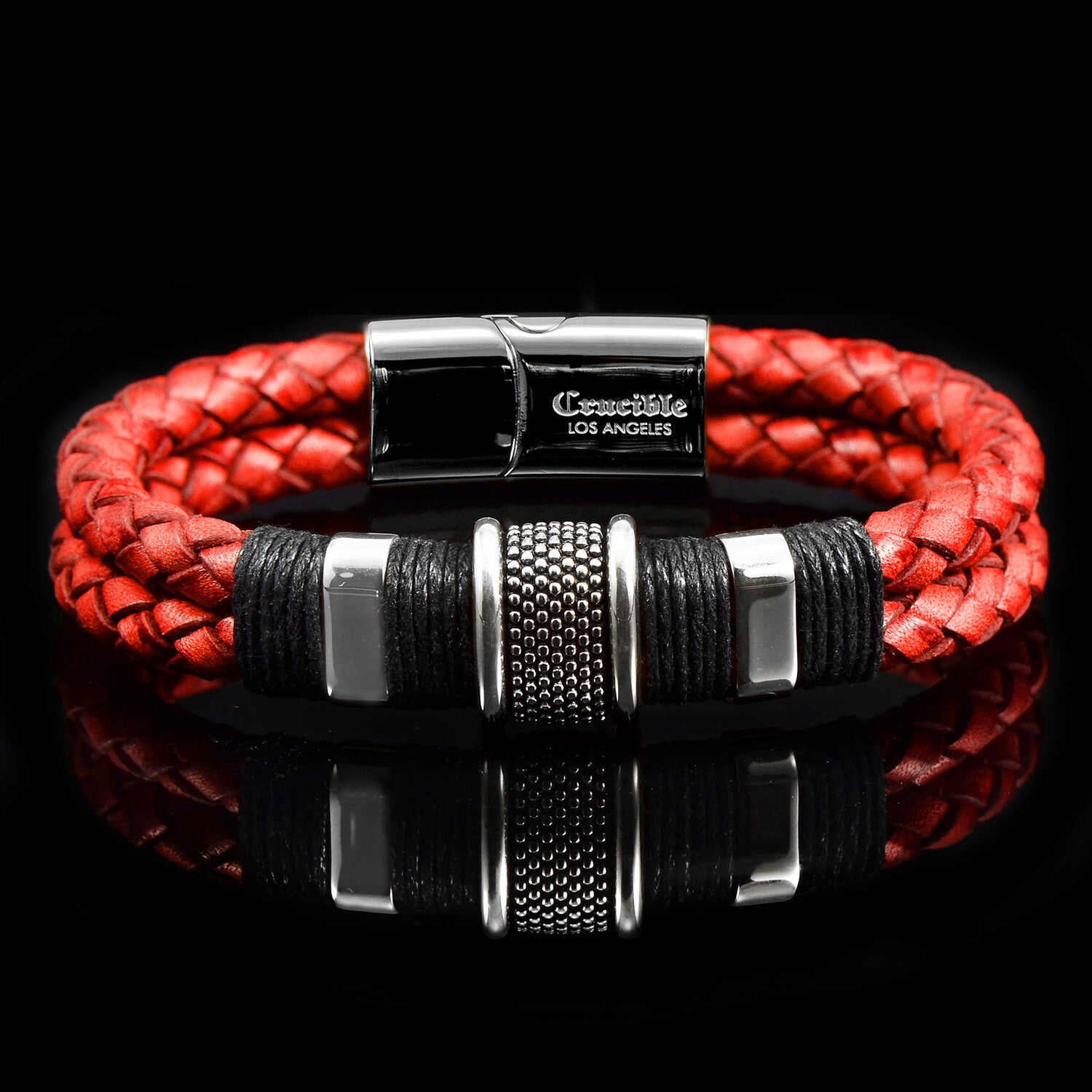 Polished Stainless Steel Distressed Red Leather Cuff Bracelet // 8.5"