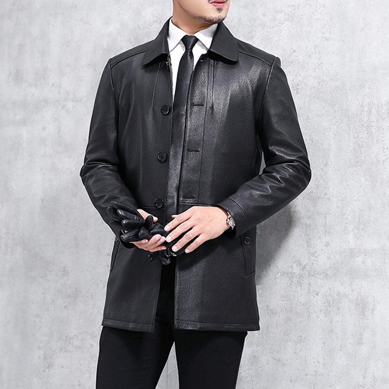 Button Up Leather Coat // Black