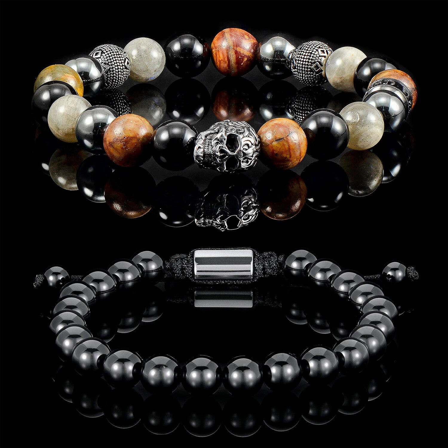 Skull + Onyx + Picasso Jasper + Labradorite + Hematite Stone Bracelets // Set of 2 // 8"