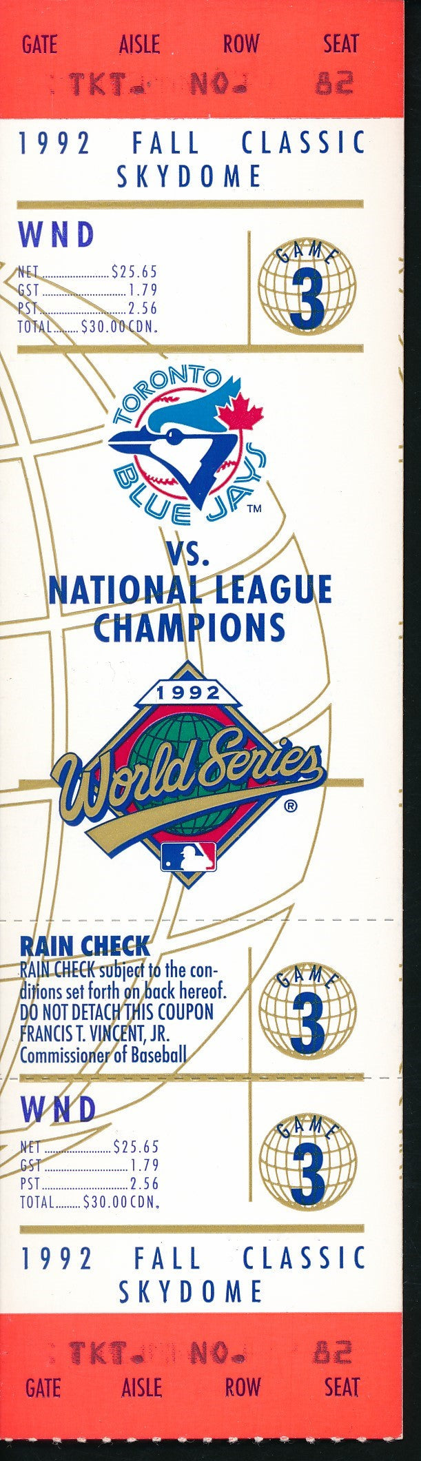 1992 World Series Game 3 Full Ticket Toronto Blue Jays vs. Atlanta Braves 193537