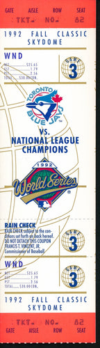 1992 World Series Game 3 Full Ticket Toronto Blue Jays vs. Atlanta Braves 193537