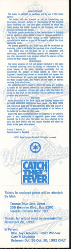 1992 World Series Game 3 Full Ticket Toronto Blue Jays vs. Atlanta Braves 193537