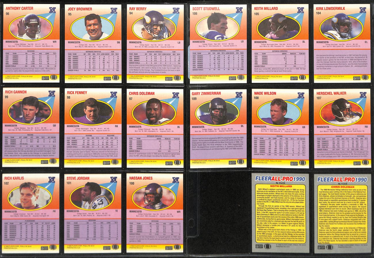 1990 FLEER Football Minnesota Vikings Team Set (17) Cards 189282