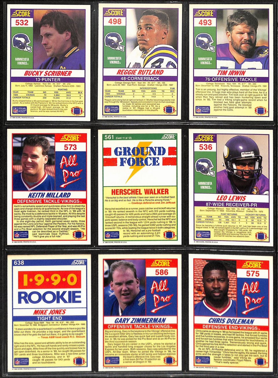 1990 SCORE Football Minnesota Vikings Team Set (27) Cards 189286