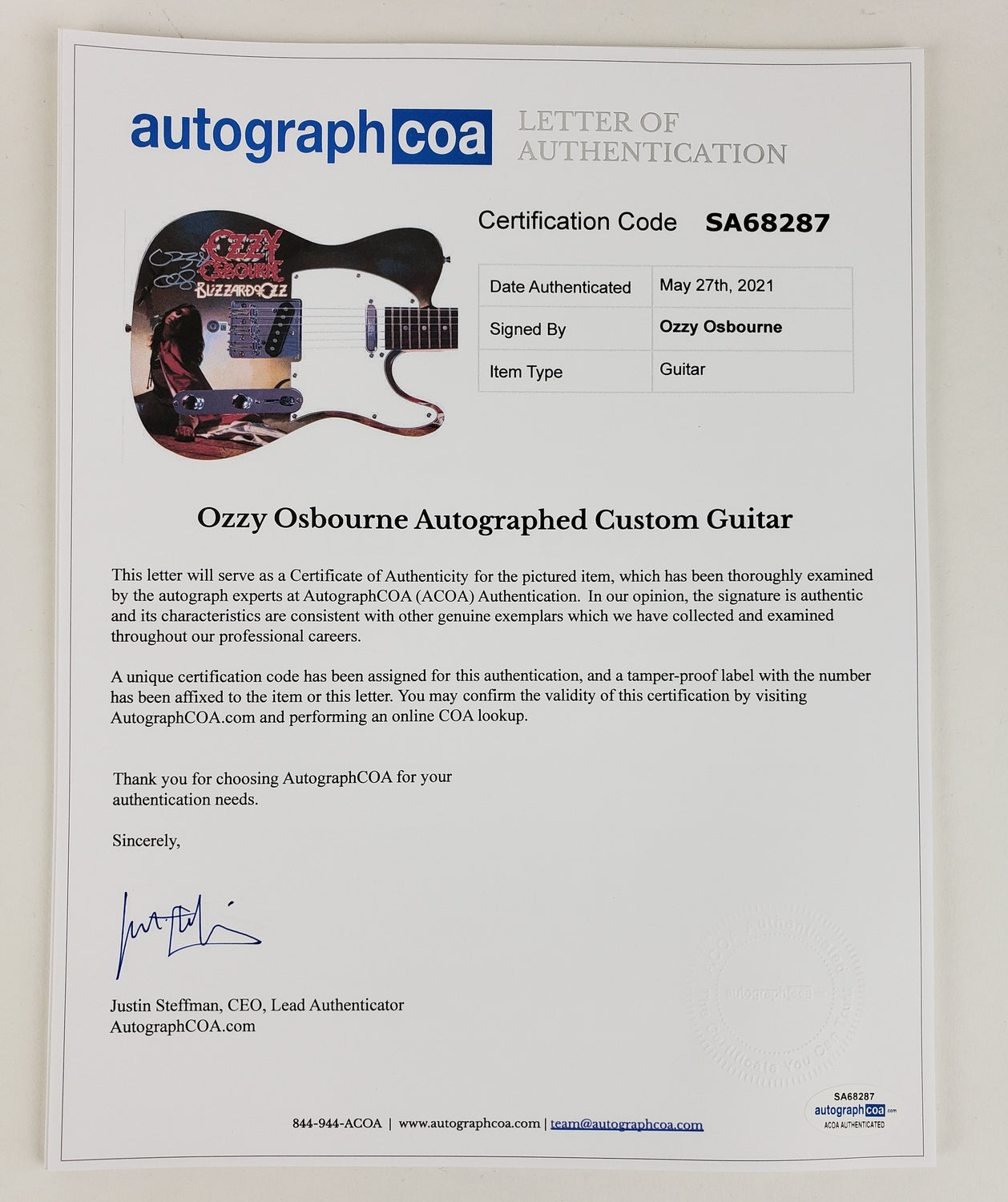 Ozzy Osbourne Autographed Blizzard Of Ozz Album Lp Graphics Photo Guitar BAS Wit