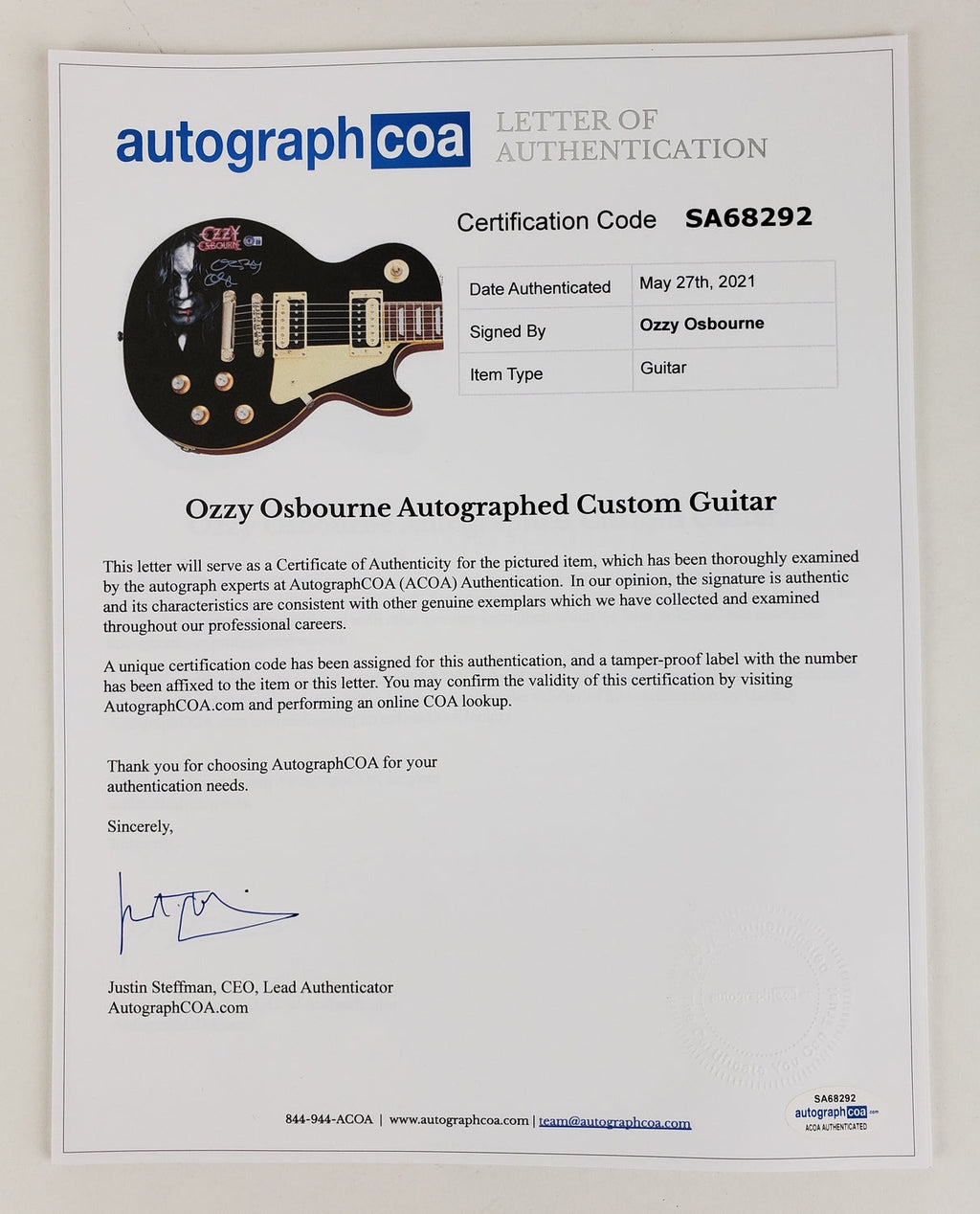 Ozzy Osbourne Signed Les Paul Epiphone Graphics Photo Guitar BAS Witness