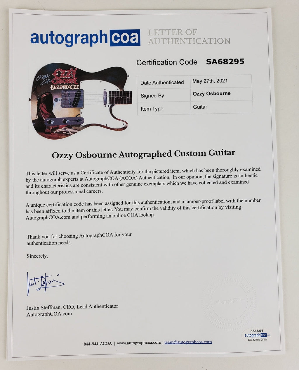 Ozzy Osbourne Autographed Blizzard Of Ozz Album Lp Graphics Photo Guitar BAS Wit