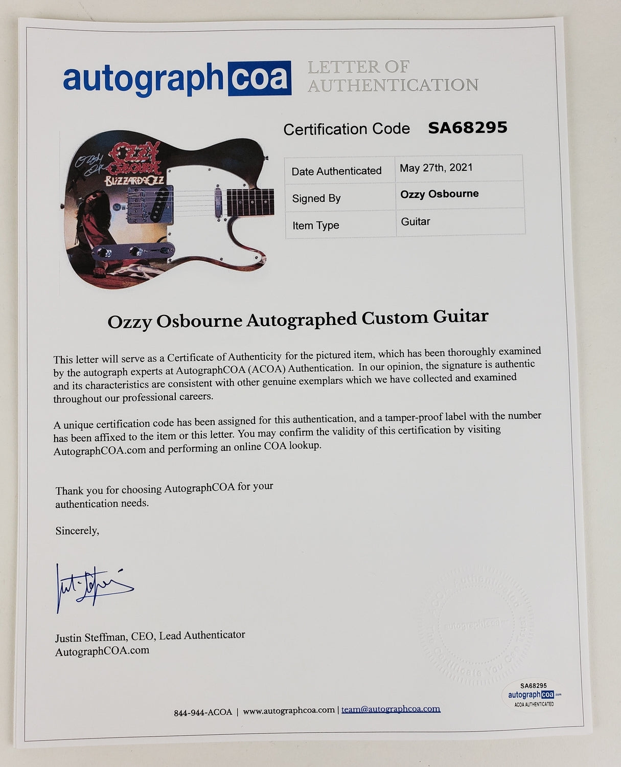 Ozzy Osbourne Autographed Blizzard Of Ozz Album Lp Graphics Photo Guitar BAS Wit