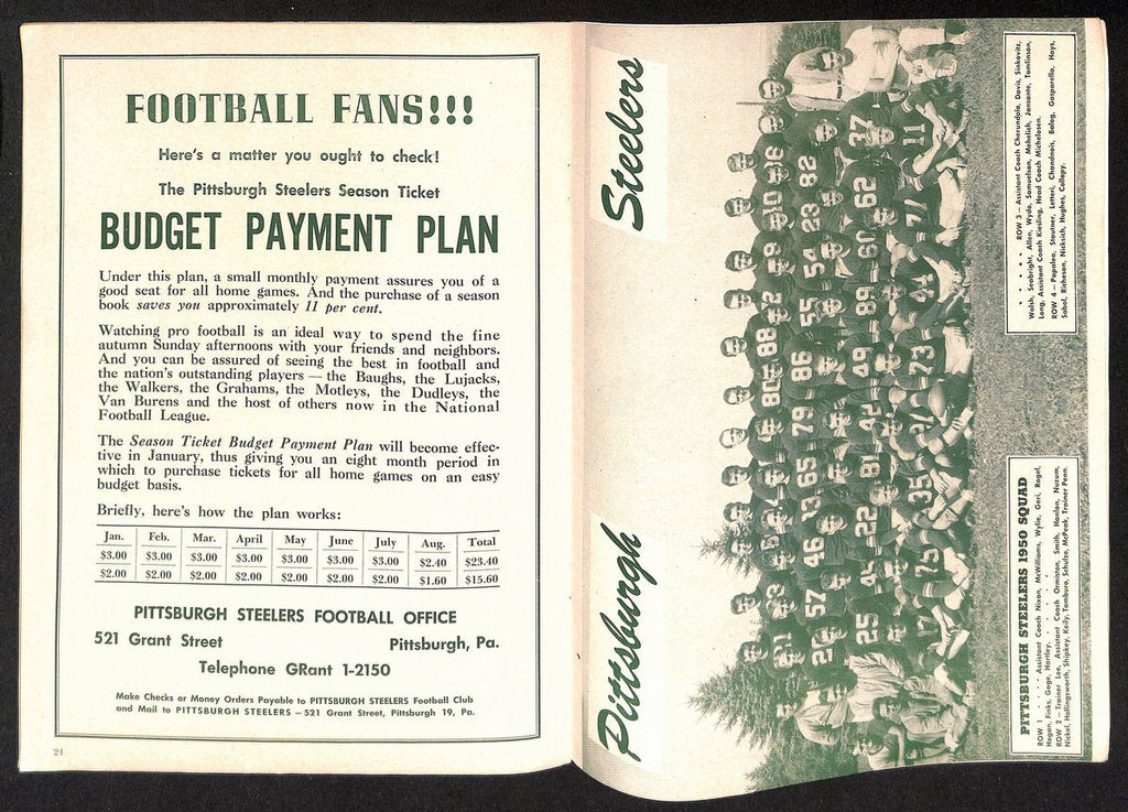 1950 Pittsburgh Steelers vs. Washington Redskins Program Sammy Baugh 194932