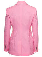 Versace Women Pink Single-Breasted Jacket With All-Over Tonal Logo Lettering Print In Wool Woman