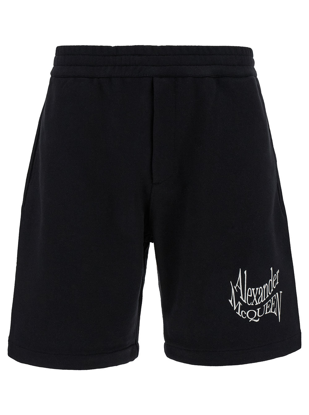 Alexander Mcqueen Men Black Shorts With Contrasting Logo Lettering Print In Cotton Man