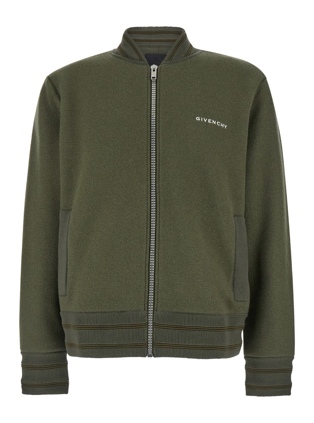 Givenchy Men Green Sweatshirt With Bomber Collar And 4G Logo In Wool Man