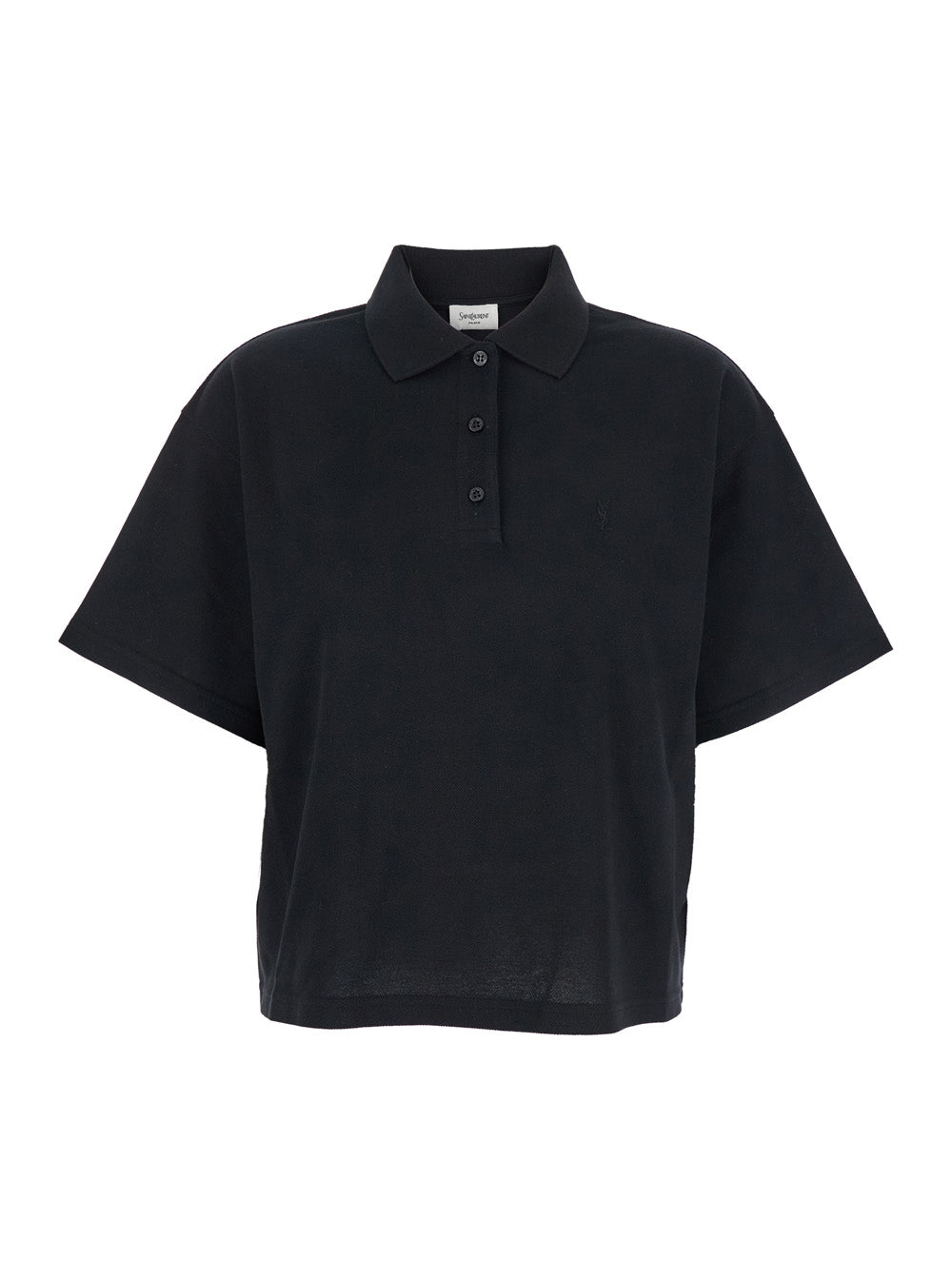 Saint Laurent Women Black Oversize Polo Shirt With Classic Collar And Tonal Logo Embroidery On The Front In Cotton Piquet Woman
