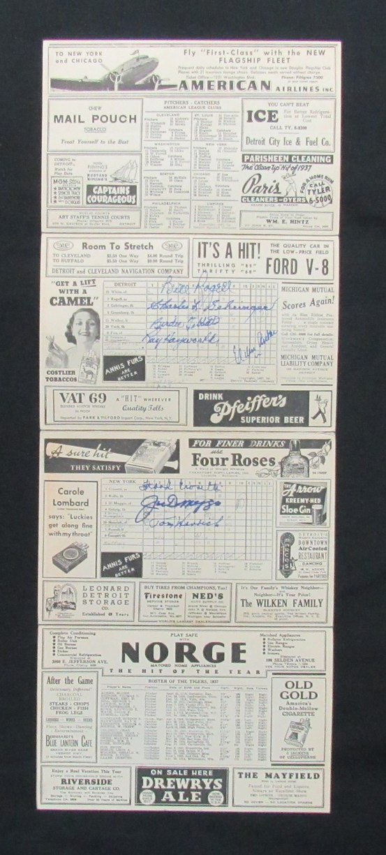 1937 Yankees vs Tigers Signed/Auto (9) Program Scorecard DiMaggio JSA 194940